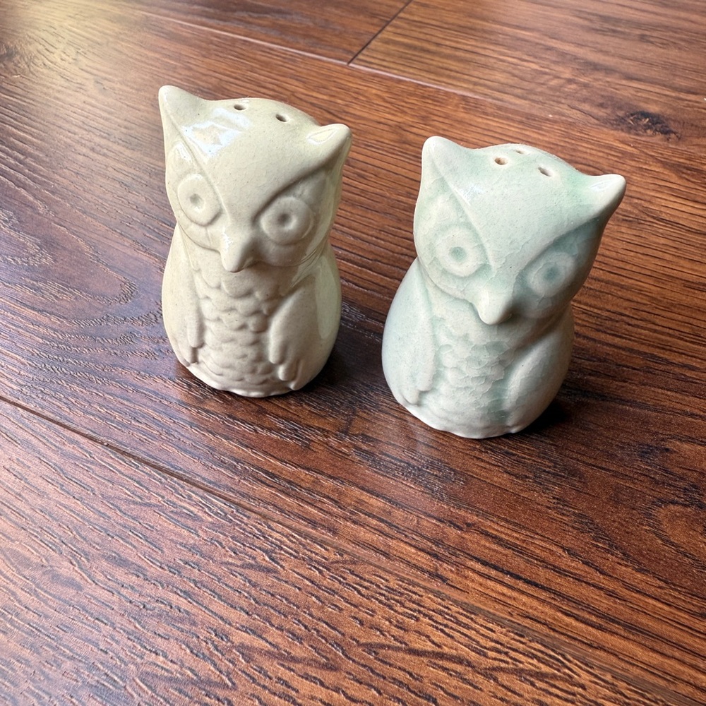 Owl Ceramic Salt and Pepper Shakers - Cream and Green